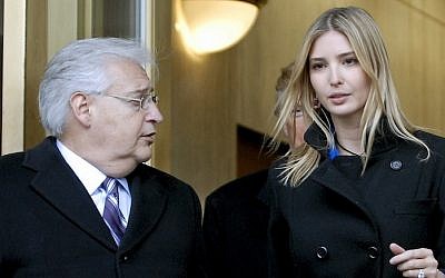 Donald Trump, center, along with his daughter Ivanka Trump, right, and attorney David Friedman, left, exit the Federal Building following their appearance in U.S. Bankruptcy Court Thursday, Feb 25, 2010 in Camden, New Jersey. (Bradley C Bower/Bloomberg News / Getty images, via JTA)