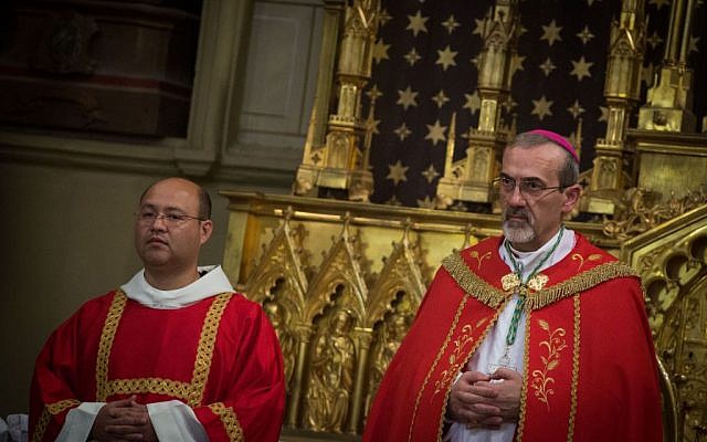 Pierbattista Pizzaballa (r) during the ceremony honoring his entry as Apostolic Administrator at the Latin Patriarchate Church in Jerusalem's Old City, on September 21, 2016. (Hadas Parush/Flash90) Pierbattista Pizzaballa (r) during the ceremony honoring his entry as Apostolic Administrator at the Latin Patriarchate Church in Jerusalem's Old City, on September 21, 2016. (Hadas Parush/Flash90)
