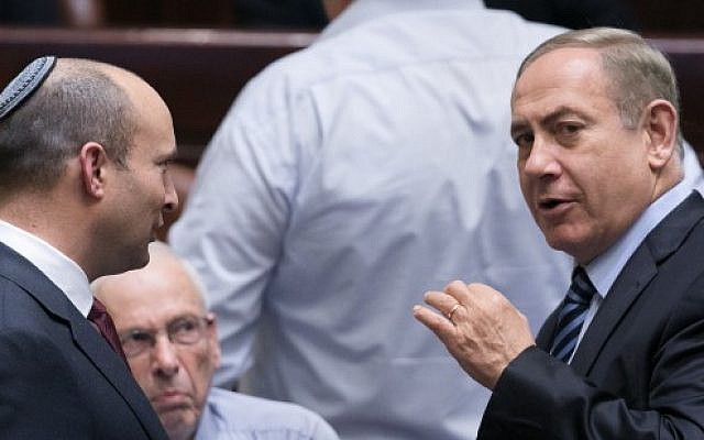Prime Minister Benjamin Netanyahu (right) speaks with Education Minister Naftali Bennett in the Knesset on December 5, 2016. (Yonatan Sindel/Flash90) Prime Minister Benjamin Netanyahu (right) speaks with Education Minister Naftali Bennett in the Knesset on December 5, 2016. (Yonatan Sindel/Flash90)