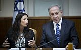 Prime Minister Benjamin Netanyahu and Culture and Sports Minister Miri Regev (L) attend the weekly cabinet meeting in Jerusalem on December 11, 2016. (Yonatan Sindel/Flash90)