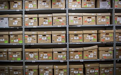 View of the classified documents related to the Yemenite Children Affair, at the Israel State Archives offices in Jerusalem, December 22, 2016. (Yonatan Sindel/Flash90)