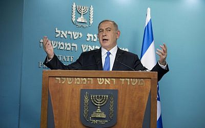 Prime Minister Benjamin Netanyahu delivers a statement to the press in response to US Secretary of State John Kerry's speech on the Israeli government and his vision for peace between Israel and the Palestinians. December 28, 2016. (Yonatan Sindel/Flash90) Prime Minister Benjamin Netanyahu delivers a statement to the press in response to US Secretary of State John Kerry's speech on the Israeli government and his vision for peace between Israel and the Palestinians. December 28, 2016. (Yonatan Sindel/Flash90)