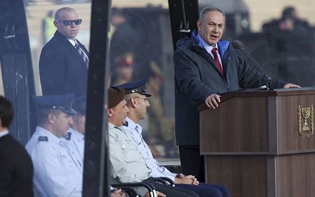 Prime Minister Benjamin Netanyahu speaks at an IAF graduation ceremony for pilots at the Hatzerim Air Base in the Negev Desert on December 29, 2016. (Miriam Alster/Flash90) Prime Minister Benjamin Netanyahu speaks at an IAF graduation ceremony for pilots at the Hatzerim Air Base in the Negev Desert on December 29, 2016. (Miriam Alster/Flash90)