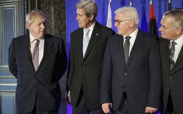 From left; British Foreign Secretary Boris Johnson, U.S. Secretary of State John Kerry, German Foreign Minister Frank-Walter Steinmeier, and French Foreign Minister Jean Marc Ayrault talk during a family picture prior to a meeting in Paris, Saturday, Dec. 10, 2016. Kerry and leading diplomats are trying to find solutions for Syria's desperate opposition as Syrian government forces squeeze rebels out of Aleppo after a devastating blitz. (AP Photo/Thibault Camus, Pool)
