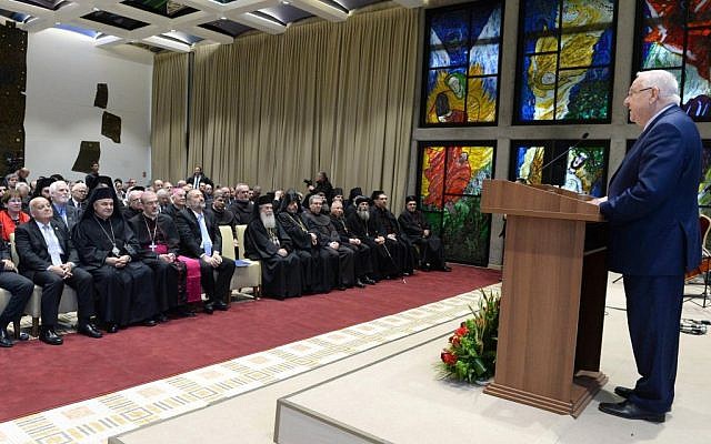 President Reuven Rivlin speaks to leaders of Christian communities in Israel at the traditional annual reception to mark the civil New Year on December 27, 2016. (Mark Neiman/GPO)