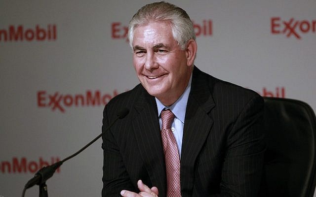 Rex Tillerson speaks to the media after the Exxon annual shareholder's meeting at the Morton H. Meyerson Symphony Center in Dallas, TX, on May 25, 2011. (JTA/Jason Janik/Bloomberg News) Rex Tillerson speaks to the media after the Exxon annual shareholder's meeting at the Morton H. Meyerson Symphony Center in Dallas, TX, on May 25, 2011. (JTA/Jason Janik/Bloomberg News)
