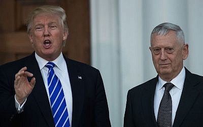 President-elect Donald Trump with retired Gen. James Mattis following their meeting at Trump International Golf Club in Bedminster Township, N.J., Nov. 19, 2016. (Drew Angerer/Getty Images/JTA)