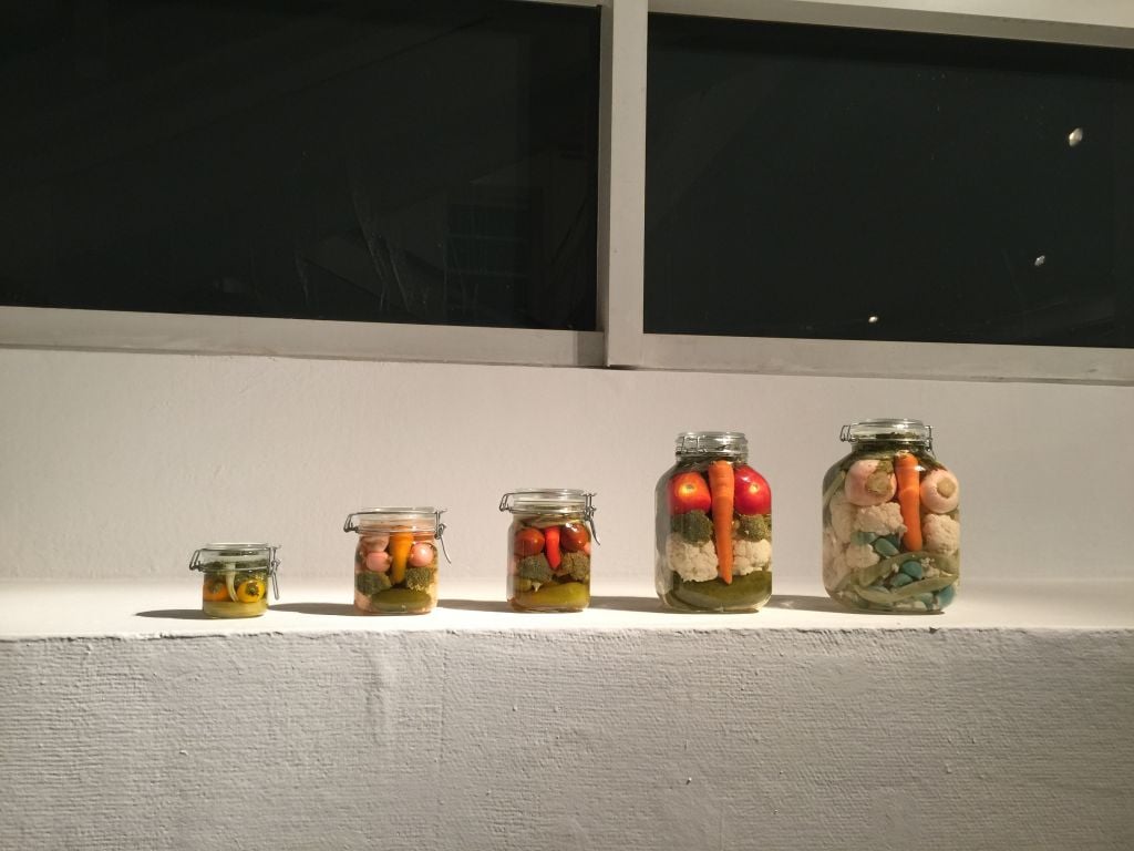 Jars of pickled vegetables, just like the ones served by artist Gideon Gechtman in his Midrasha class (Jessica Steinberg/Times of Israel) Jars of pickled vegetables, just like the ones served by artist Gideon Gechtman in his Midrasha class (Jessica Steinberg/Times of Israel)