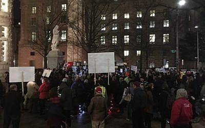 IfNotNow protesters outside the Trump International Hotel demonstrating against a Hanukkah party co-hosted by the Conference of Presidents of Major American Jewish Organizations, Dec. 14, 2016. (Ron Kampeas, JTA)
