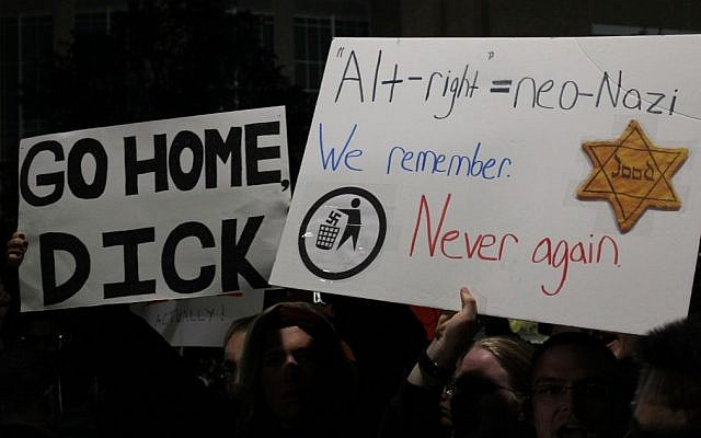 Protesters at Texas A&M University demonstrate against a speech on December 6, 2016 by white nationalist, Richard Spencer, of the so-called alt-right movement. (Ricky Ben-David/Times of Israel) Protesters at Texas A&M University demonstrate against a speech on December 6, 2016 by white nationalist, Richard Spencer, of the so-called alt-right movement. (Ricky Ben-David/Times of Israel)