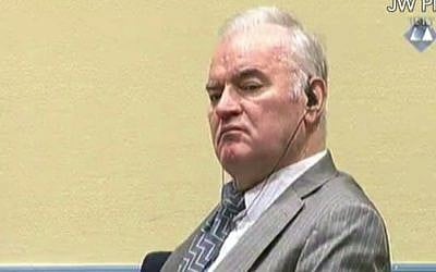 Former Bosnian Serb military chief Gen. Ratko Mladic looks across the court room at the International Criminal Tribunal for the former Yugoslavia in the Hague Netherlands in this image taken from video Monday December 5, 2016. (ICTY Video via AP)