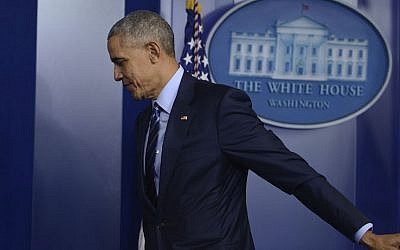 President Obama leaving the Brady Press Briefing Room after holding a year-end press conference at The White House in Washington, D.C., Dec. 16, 2016 (Leigh Vogel/WireImage)