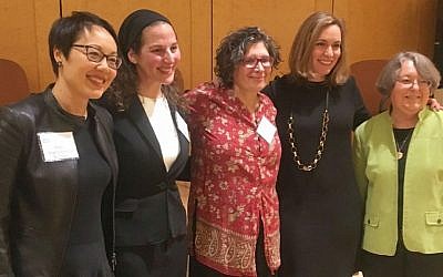 'First' women clergy discuss their challenges at a New York panel 'Breaking Boundaries, Building Communities' on December 4, 2016 (from left): Rabbi Angela Warnick Buchdahl, Rabbi Lila Kagedan, Rabbi Dianne Cohler-Esses, Jewish Women's Archive Executive Director Judith Rosenbaum, and Rabbi Sally Priesand. (courtesy)