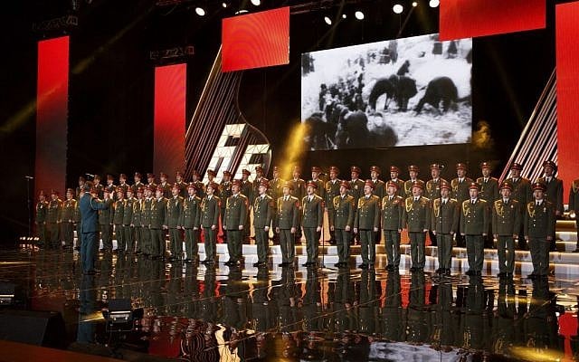 In this photo taken on Thursday, March 31, 2016, the Alexandrov Ensemble choir performs during a concert in Moscow, Russia. A Russian plane with 92 people aboard, including the well-known military band, crashed into the Black Sea on its way to Syria on Sunday, Dec. 25, minutes after takeoff from the resort city of Sochi, the Defense Ministry said. (AP Photo)