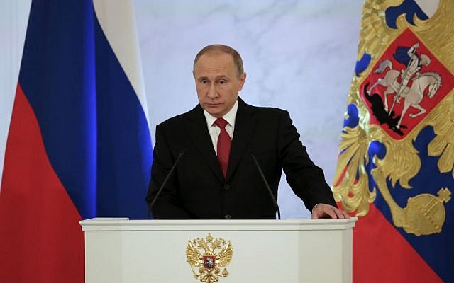 Russian President Vladimir Putin gives his annual state of the nation address in the Kremlin in Moscow, Russia, December 1, 2016. (AP/Pavel Golovkin) Russian President Vladimir Putin gives his annual state of the nation address in the Kremlin in Moscow, Russia, December 1, 2016. (AP/Pavel Golovkin)