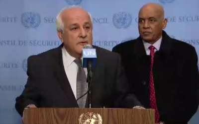 Palestinian ambassador to the United Nations Riyad Mansour speaks after the UN Security Council approved an anti-settlements resolution, December 23, 2016. (Frank Franklin II/AP)