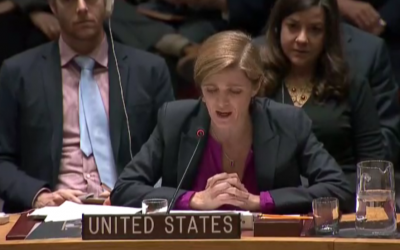 US Ambassador to the UN, Samantha Power speaks to the UN Security Council after abstaining on an anti-settlement resolution, December 23, 2016 (UN Screenshot)