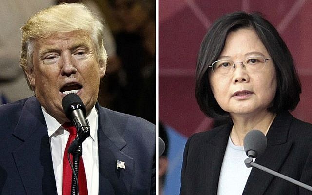 This combination of two photos shows US President-elect Donald Trump, left, speaking during a 'USA Thank You' tour event in Cincinatti Thursday, Dec. 1, 2016, and Taiwan's President Tsai Ing-wen, delivering a speech during National Day celebrations in Taipei, Taiwan, Monday, Oct. 10, 2016. Trump spoke Friday, Dec. 2, with Tsai, a move that will be sure to anger China. (AP Photo/Evan Vucci, Chinag Ying-ying)