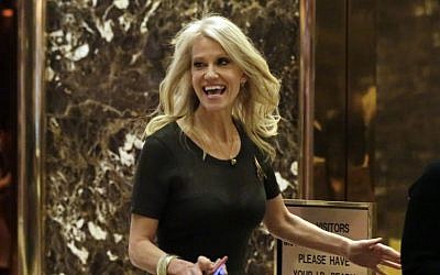 Kellyanne Conway walks through the Trump Tower lobby, in New York, Monday, Dec. 12, 2016. (AP/Richard Drew)