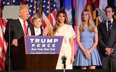 Donald Trump delivers his victory speech to his supporters in New York City on November 8, 2016, with his family members standing beside him (Eric Cortellessa/Times of Israel) Donald Trump delivers his victory speech to his supporters in New York City on November 8, 2016, with his family members standing beside him (Eric Cortellessa/Times of Israel)