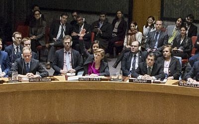 Samantha Power, center, the United States Ambassador to the United Nations, votes to abstain during a UN Security Council vote on condemning Israel's settlements in the West Bank and East Jerusalem, Friday, Dec. 23, 2016 at United Nations Headquarters. (Manuel Elias/The United Nations via AP) Samantha Power, center, the United States Ambassador to the United Nations, votes to abstain during a UN Security Council vote on condemning Israel's settlements in the West Bank and East Jerusalem, Friday, Dec. 23, 2016 at United Nations Headquarters. (Manuel Elias/The United Nations via AP)