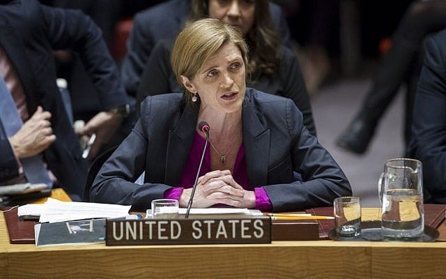 Samantha Power, US Ambassador to the United Nations, addresses the United Nations Security Council, after the council voted on condemning Israel's settlements in the West Bank and East Jerusalem, Friday, Dec. 23, 2016. (Manuel Elias/The United Nations via AP) Samantha Power, US Ambassador to the United Nations, addresses the United Nations Security Council, after the council voted on condemning Israel's settlements in the West Bank and East Jerusalem, Friday, Dec. 23, 2016. (Manuel Elias/The United Nations via AP)