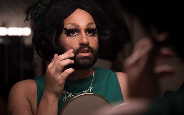 Israeli drag queen Noir Styrofoam prepares for a show in Jerusalem. (Luke Tress/Times of Israel)