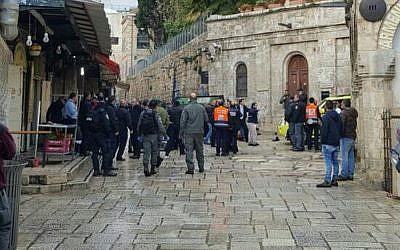 Scene of the stabbing attack in Jerusalem's Old City on December 14, 2016. (Magen David Adom)
