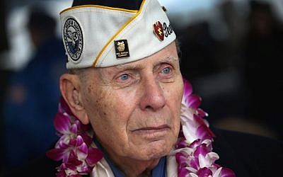 Pearl Harbor survivor Aaron Chabin, 89, attends a ceremony commemorating the 71st anniversary of the Japanese attacks on Pearl Harbor on December 7, 2012 in New York City (John Moore/Getty Images via JTA)