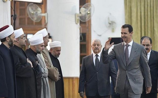 President Bashar Assad greets religious leaders at a mosque in Damascus in a picture posted to social media on December 12, 2016. (Instagram/Syrian Presidency) President Bashar Assad greets religious leaders at a mosque in Damascus in a picture posted to social media on December 12, 2016. (Instagram/Syrian Presidency)