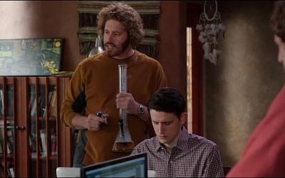 T.J. Miller (with bong in hand) as Erlich Bachman in the TV comedy Silicon Valley. (Screen capture YouTube)