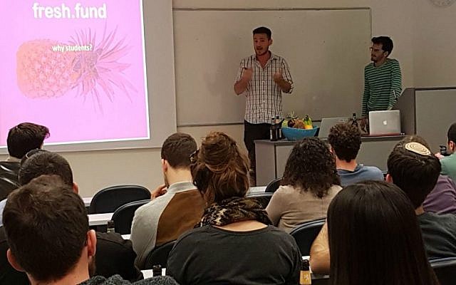 Fresh.fund managing partner, Zaki Djemal, left, and fresh.fund project manager, Nitzan Adler addressing students (Courtesy) Fresh.fund managing partner, Zaki Djemal, left, and fresh.fund project manager, Nitzan Adler addressing students (Courtesy)