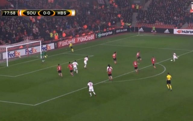Hapoel Beersheba's Maor Buzaglo scores against Southampton in a UEFA Europa League match on December 9, 2016. Beersheba drew 1-1. (screen capture: UEFA)