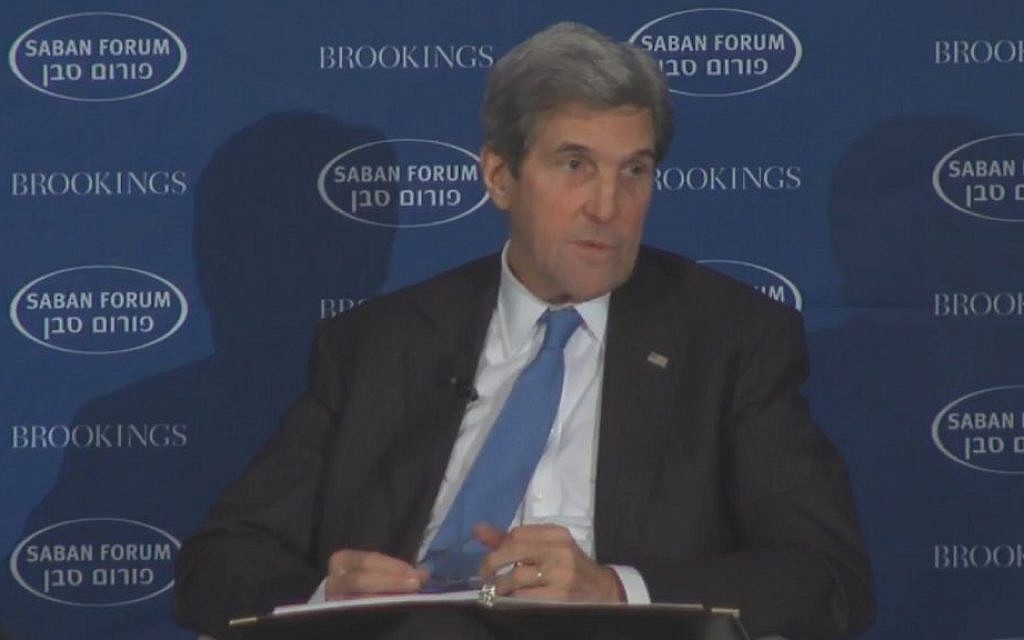US Secretary of State John Kerry addresses the Saban Forum in Washington on Sunday, December 4, 2016 (screen capture: YouTube) US Secretary of State John Kerry addresses the Saban Forum in Washington on Sunday, December 4, 2016 (screen capture: YouTube)