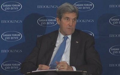 US Secretary of State John Kerry addresses the Saban Forum in Washington on Sunday, December 4, 2016 (screen capture: YouTube) US Secretary of State John Kerry addresses the Saban Forum in Washington on Sunday, December 4, 2016 (screen capture: YouTube)