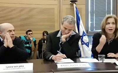 Co-chairperson of the Lobby of Religion and State MK Aliza Lavie speaks on the need for improved ties between political Israel and the Diaspora's Jewish denominations, seated next to co-chair MK Elazar Stern and Head of the Jewish Agency Natan Sharansky (far left), on December 27, 2016 at the Knesset. (screenshot) Co-chairperson of the Lobby of Religion and State MK Aliza Lavie speaks on the need for improved ties between political Israel and the Diaspora's Jewish denominations, seated next to co-chair MK Elazar Stern and Head of the Jewish Agency Natan Sharansky (far left), on December 27, 2016 at the Knesset. (screenshot)