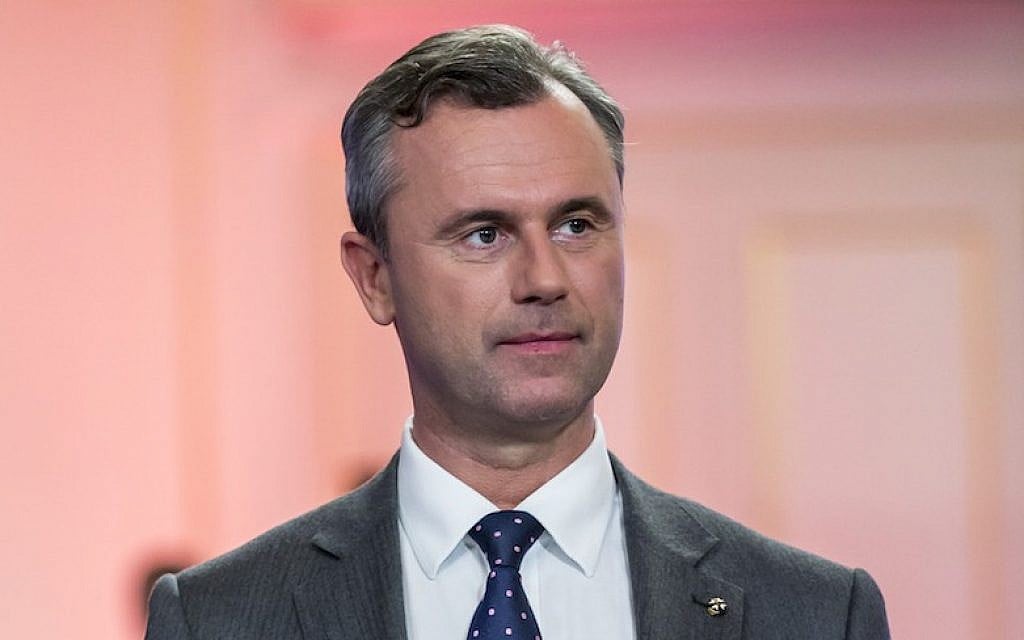 Austrian presidential candidate Norbert Hofer at a Governmental TV channel event in Vienna, May 22, 2016. (Jan Hetfleisch/Getty Images/JTA)