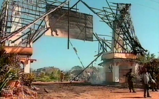 The aftermath of a car bombing at the Israeli-owned Paradise Hotel in Mombasa, Kenya on November 28, 2002. Thirteen people were killed and another 80 were wounded in the attack.  (screen capture: ABC)