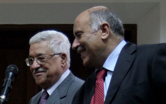 Fatah member Jibril Rajoub and Palestinian Authority President Mahmoud Abbas hold a joint news conference in the West Bank city of Ramallah October 26, 2008. (Issam Rimawi / Flash90) Fatah member Jibril Rajoub and Palestinian Authority President Mahmoud Abbas hold a joint news conference in the West Bank city of Ramallah October 26, 2008. (Issam Rimawi / Flash90)