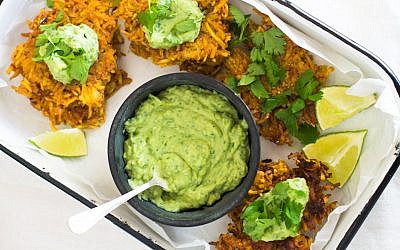 Plantain Latkes with Avocado Crema. (Samantha Ferraro/via JTA)
