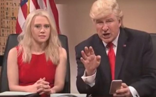 Alec Baldwin, playing Donald Trump, and Kate McKinnon, playing Kellyanne Conway, on a Saturday Night Live sketch aired December 3, 2016. (Screen capture: YouTube) Alec Baldwin, playing Donald Trump, and Kate McKinnon, playing Kellyanne Conway, on a Saturday Night Live sketch aired December 3, 2016. (Screen capture: YouTube)