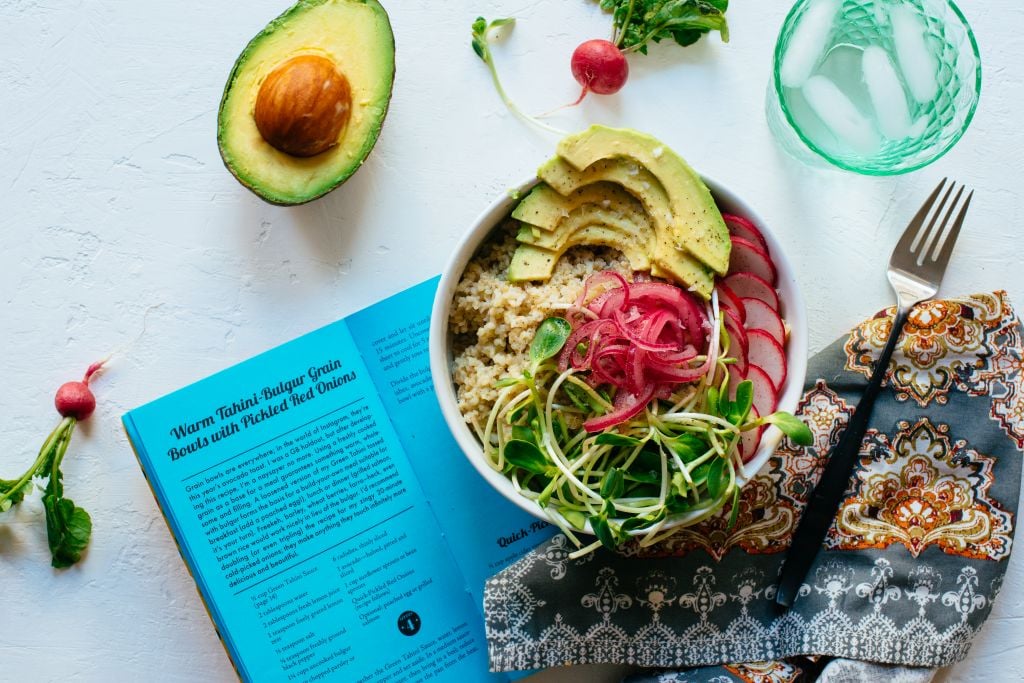 The Warm Tahini-Bulgur Grain Bowls with Pickled Red Onions pick up on the grain bowl trend melded with a hit of tahini protein (Courtesy Lauren V. Allen)