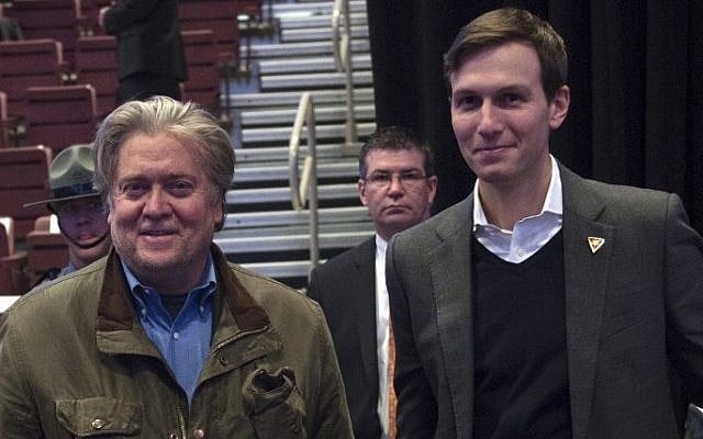 President-elect Donald Trumps chief strategist, Stephen K. Bannon, left, and Jared Kushner, the son-in-law of Donald Trump, listen to the President-elect's speech at the USA Thank You Tour 2016 at the Giant Center, in Hershey, Pennsylvania, December 15, 2016. (AFP/Don Emmert) President-elect Donald Trumps chief strategist, Stephen K. Bannon, left, and Jared Kushner, the son-in-law of Donald Trump, listen to the President-elect's speech at the USA Thank You Tour 2016 at the Giant Center, in Hershey, Pennsylvania, December 15, 2016. (AFP/Don Emmert)