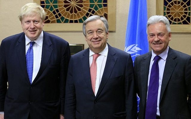 British Foreign Secretary Boris Johnson (L) poses with United Nations Secretary General Antonio Guterres (C) and British Minister of State for Foreign Affairs Alan Duncan (R) after a meeting ahead of the Conference on Cyprus at the European headquarters of the United Nations in Geneva, Switzerland, on January 12, 2017. (AFP PHOTO / POOL / PIERRE ALBOUY) British Foreign Secretary Boris Johnson (L) poses with United Nations Secretary General Antonio Guterres (C) and British Minister of State for Foreign Affairs Alan Duncan (R) after a meeting ahead of the Conference on Cyprus at the European headquarters of the United Nations in Geneva, Switzerland, on January 12, 2017. (AFP PHOTO / POOL / PIERRE ALBOUY)