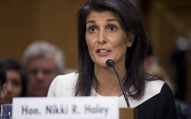 South Carolina Governor Nikki Haley testifies during her confirmation hearing for US Ambassador to the United Nations (UN) before the Senate Foreign Relations committee on Capitol Hill in Washington, DC, January 18, 2017. (AFP PHOTO / SAUL LOEB) South Carolina Governor Nikki Haley testifies during her confirmation hearing for US Ambassador to the United Nations (UN) before the Senate Foreign Relations committee on Capitol Hill in Washington, DC, January 18, 2017. (AFP PHOTO / SAUL LOEB)