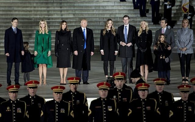 US President-elect Donald Trump, fourth left, and his family look on after a concert during a welcome celebration at the Lincoln Memorial in Washington, DC, on January 19, 2017. (AFP PHOTO / Brendan Smialowski) US President-elect Donald Trump, fourth left, and his family look on after a concert during a welcome celebration at the Lincoln Memorial in Washington, DC, on January 19, 2017. (AFP PHOTO / Brendan Smialowski)