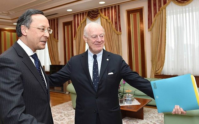 The United Nations' peace envoy for Syria, Staffan de Mistura, meets with Kazakh Foreign Minister Kairat Abdrakhmanov in Astana on January 22, 2017 on the eve of the start of the Astana peace talks on Syria. (Ilyas Omarov/AFP) The United Nations' peace envoy for Syria, Staffan de Mistura, meets with Kazakh Foreign Minister Kairat Abdrakhmanov in Astana on January 22, 2017 on the eve of the start of the Astana peace talks on Syria. (Ilyas Omarov/AFP)