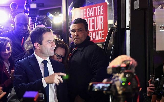 French former minister and candidate for the left-wing primaries, Benoit Hamon, arrives to deliver a speech at his campaign headquarters after the first round of the left-wing primary for the 2017 French presidential election, on January 22, 2017 in central Paris. (Bertrand Guay/AFP) French former minister and candidate for the left-wing primaries, Benoit Hamon, arrives to deliver a speech at his campaign headquarters after the first round of the left-wing primary for the 2017 French presidential election, on January 22, 2017 in central Paris. (Bertrand Guay/AFP)