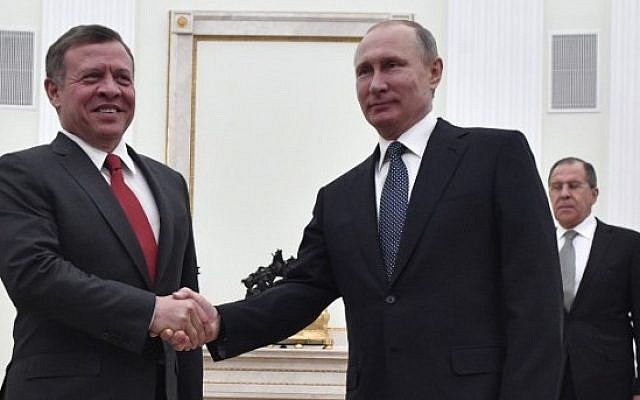 Russian President Vladimir Putin (R) shakes hands with King Abdullah II of Jordan during a meeting at the Kremlin in Moscow on January 25, 2017. (AFP/Pool/Alexander Nemenov) Russian President Vladimir Putin (R) shakes hands with King Abdullah II of Jordan during a meeting at the Kremlin in Moscow on January 25, 2017. (AFP/Pool/Alexander Nemenov)