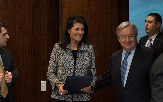 New US Ambassador to the United Nations Nikki Haley, arrives to meet UN Secretary-General Antonio Guterres at the United Nations on January 27, 2017 in New York. (Bryan R. Smith/AFP)